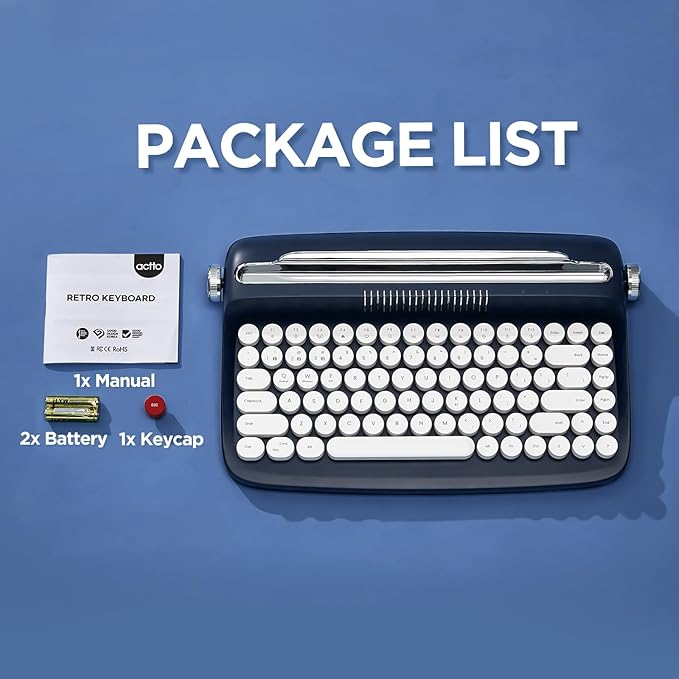 YUNZII ACTTO B303 Wireless Typewriter Keyboard, Bluetooth Connection, Cute Retro Aesthetic Design with Integrated Stand for Tablet, Phone, PC and Win/Mac/Android (B303, Midnight)