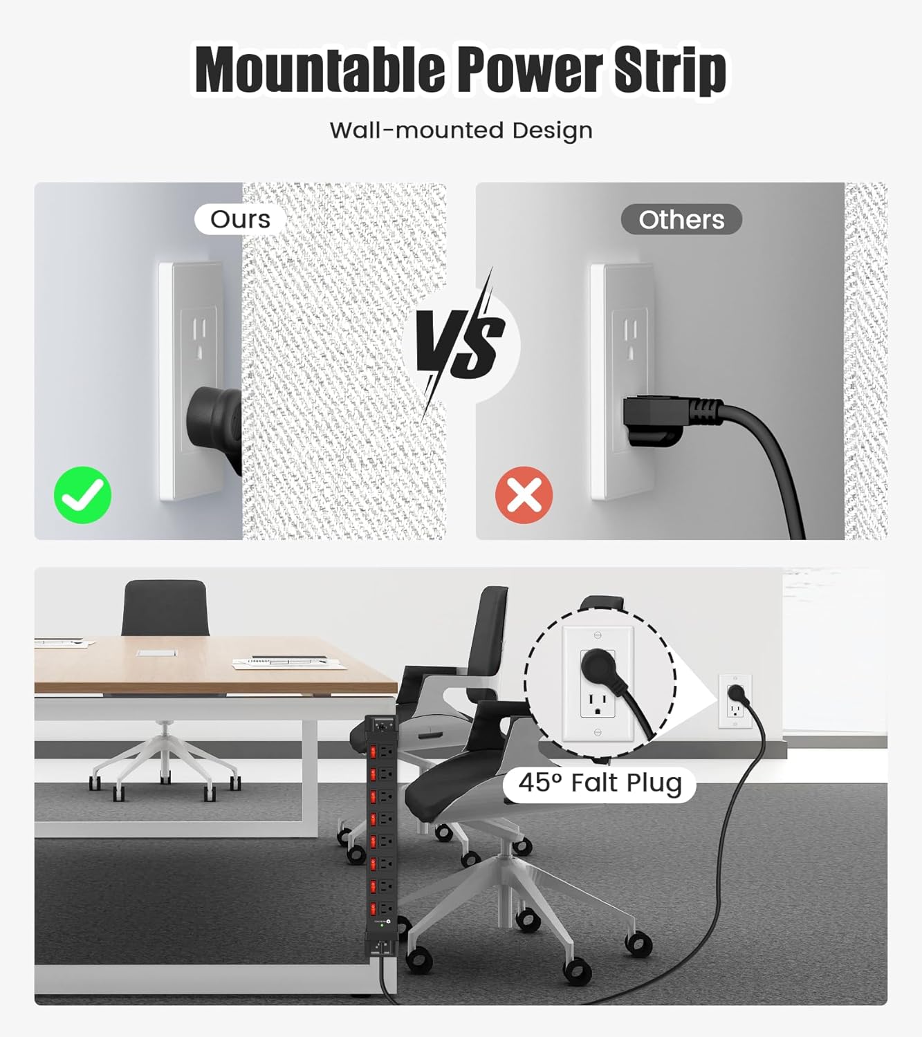 Heavy Duty Power Strip with Individual Switches,8 Outlets 14 Gauge Industrial Shop Garage Metal Multiple Outlets,1200J Surge Protector Mountable Power Strip,10FT Extension Cord Management(Black)