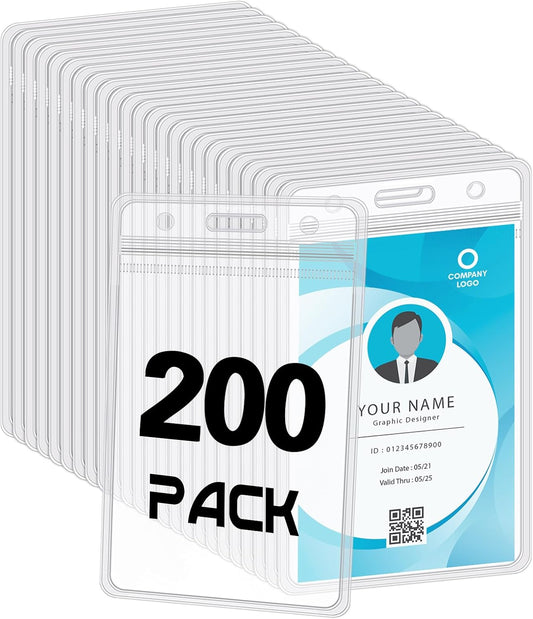 200 Pack Vertical ID Card Badge Holder Clear Plastic Sealable Waterproof Zip Name Tag for Work Office Nurse School