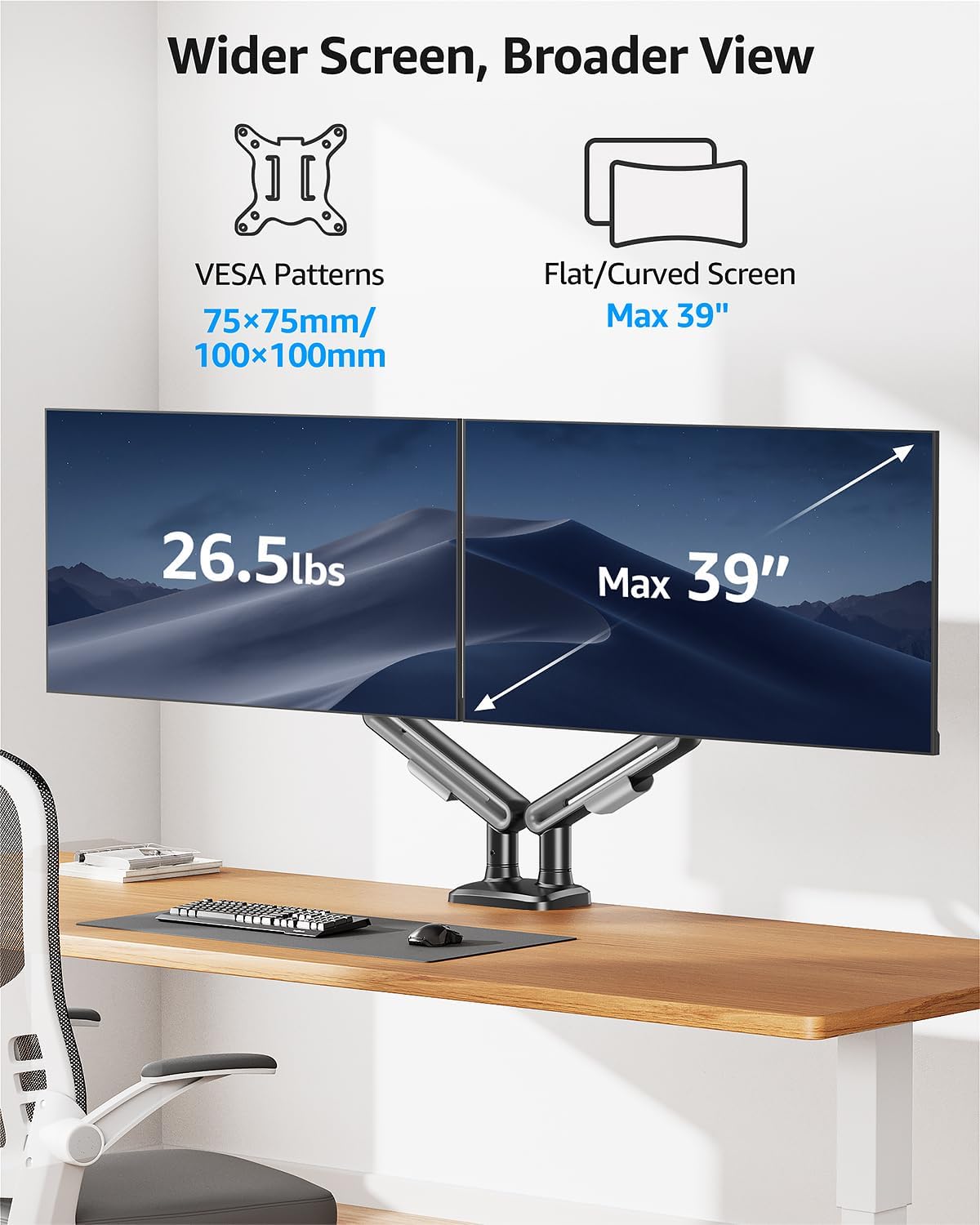 MOUNTUP Dual Monitor Mount Holds 4.4-26.5lbs, Heavy Duty Monitors Arm for 39 37 34 32 27inch, Gas Spring Monitor Stand for 2 Monitor, Height Adjustable Monitors Desk Mount with C-Clamp＆Grommet Base