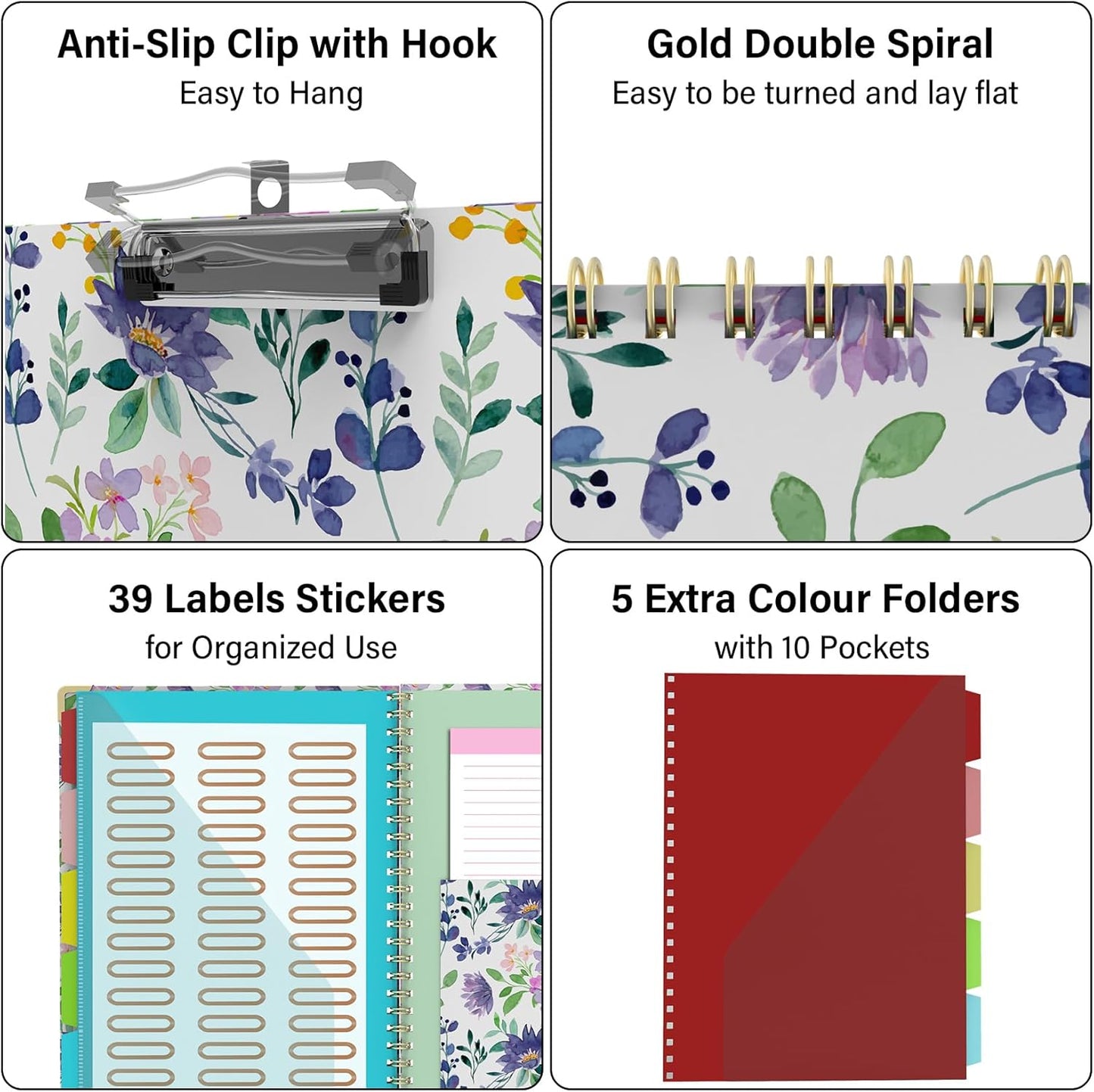 Foldable Clipboard Folio with Storage, 5 Plastic Folders with 10 Pockets,Refillable Lined Notepad (11" x 8.5"), Hardcover Project Organizer Nursing Teacher School Essentials(Purple Florals)