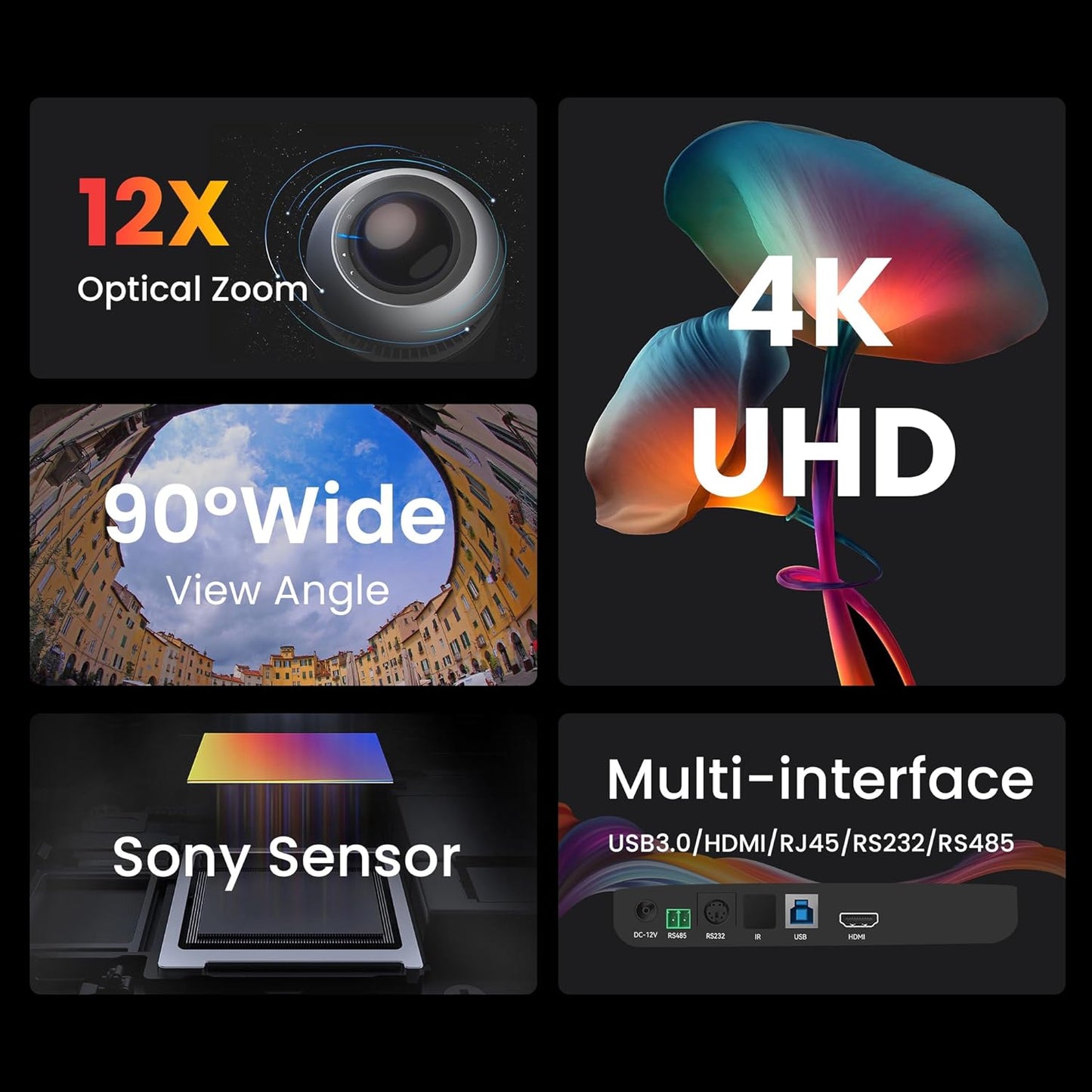 PTZ Camera 4K Conference Room Camera USB3.0/HDMI Live Streaming 12X Optical Zoom Wide Angle for Video Conferencing Church Services Education Medical Work with Zoom Webex OBS YouTube Facebook