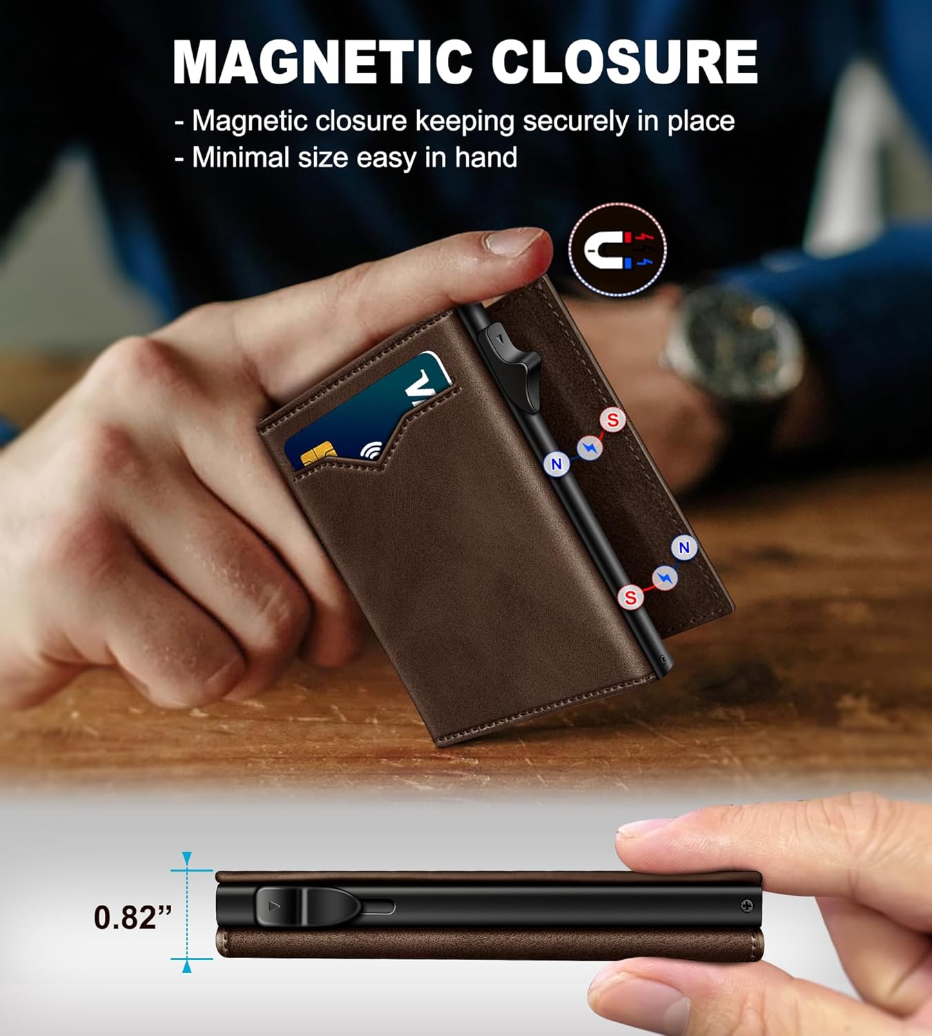 Wallet for Men,with Cash Pocket 2 ID Window 9-13 Cards,Metal Case Smart Slim Pop Up Credit Card Holder Flip with Magnetic Closure RFID Blocking Trifold wallet with Gift Box