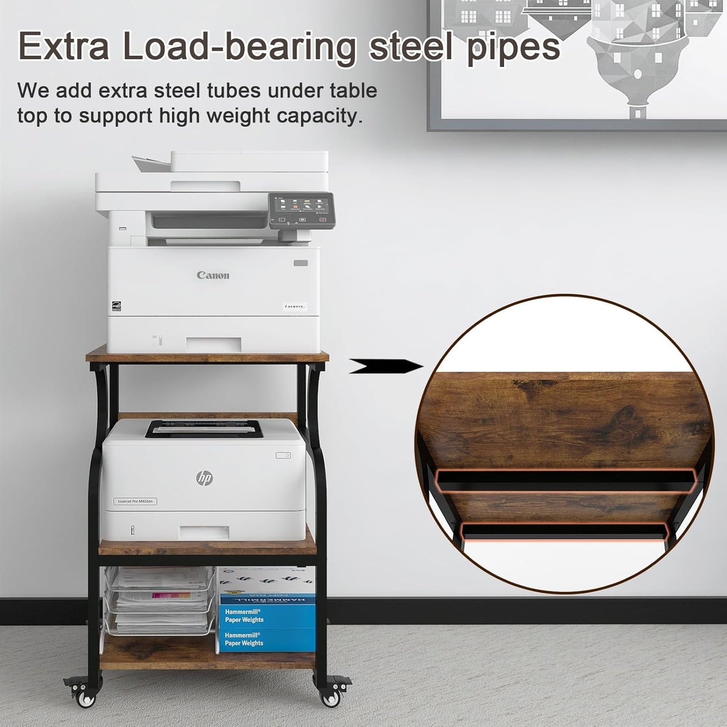 Natwind Large 3-Tier Rolling Printer Cart with Adjustable Shelf, 24”x20” Mobile Stand for Heat Press, 3D Printer, Home Office Multifunctional Shelves with Locking Wheels (Retro)