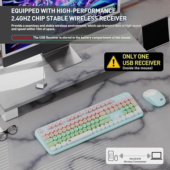 Wireless Keyboard and Mouse Set, 105 Round Keys Full-Size Cute Colorful Keyboard and Mouse with Retro Typewriter for PC/Mac/Laptop/Tablet/Computer/Windows Light Blue