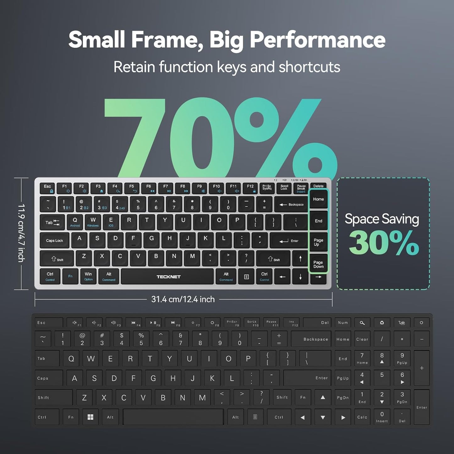 TECKNET Bluetooth Keyboard Rechargeable, 4-Device (2.4G+3BT) Wireless Keyboard, Ultra-Slim Quiet Typing, 14 Hotkeys Computer Keyboard for PC/Laptop/Smart TV/Tablet