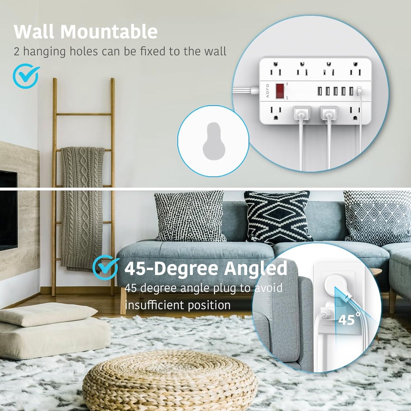 10ft Extension Cord Long Power Strip,AOFO 8 Widely-Spaced Outlets & 6 USB Ports Flat Plug Power Strip,Power Cord for Wall Mountable and Desktop White