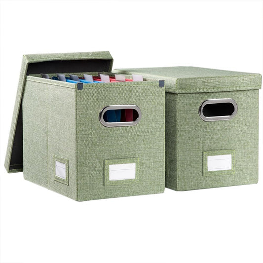 PRANDOM File Organizer Box - Set of 2 Collapsible Decorative Linen Filing Storage Hanging File Folders with Lids Office Cabinet Letter Size Green (14x9.3x10.8 inch)
