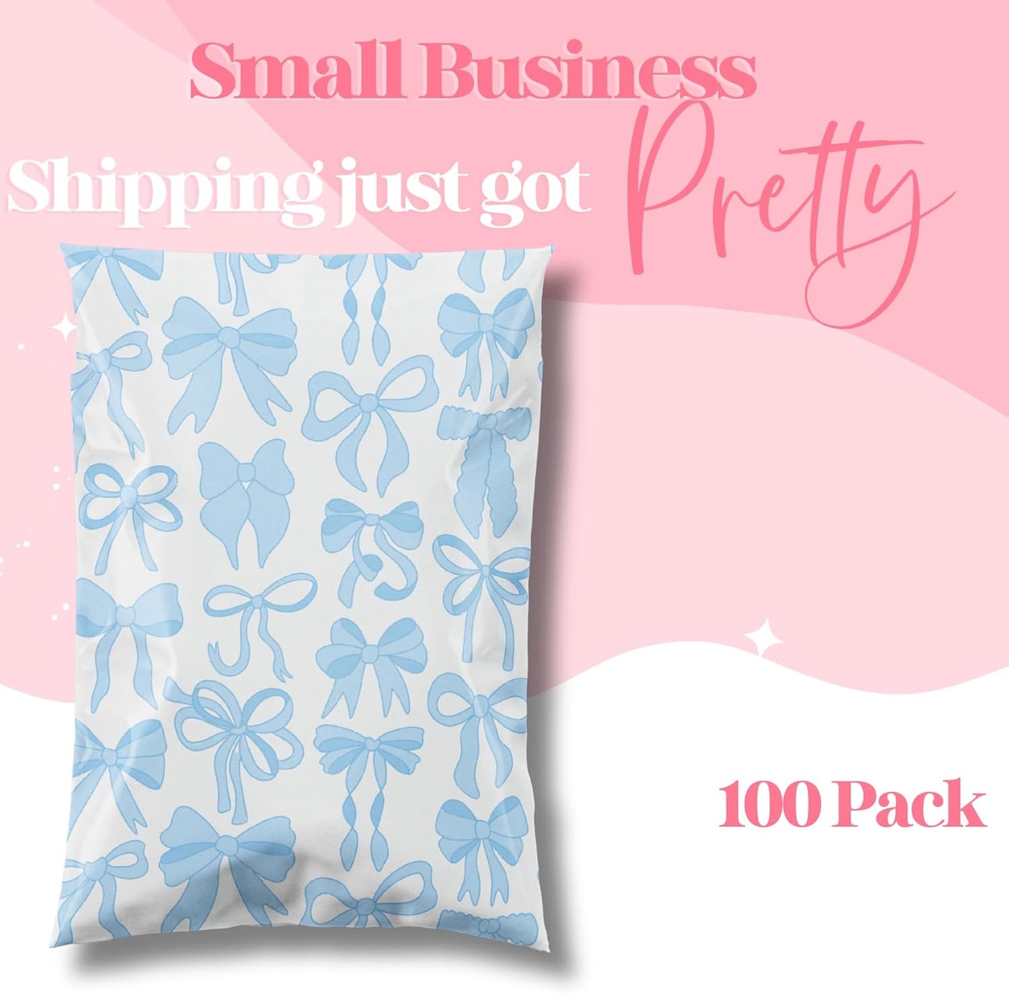 10x13 Designer Poly Mailer 100 Pack Heavy Duty Waterproof Self Seal Shipping Bags for Small Business Large Mailing Envelopes Bulk Tear Resistant Packaging Blue Bows