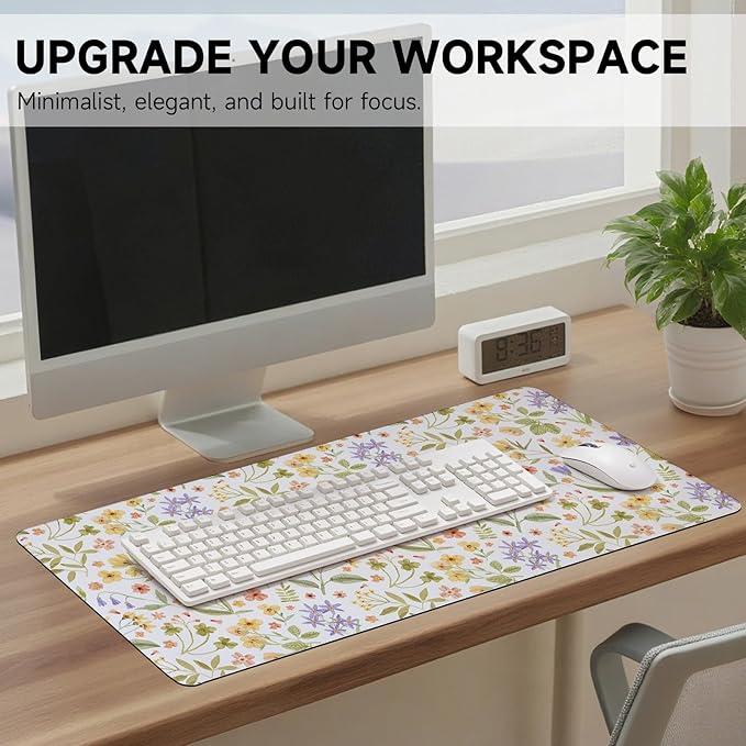 Botanical Floral Desk Pad Blotter,Large Mouse Pad 35 x 17in,PU Leather Desk Mat Writing Pad Protector, Non-Slip Waterprrof,Desktop Decor for Home Office & Gamers Women Girls (Pressed Flower Art)