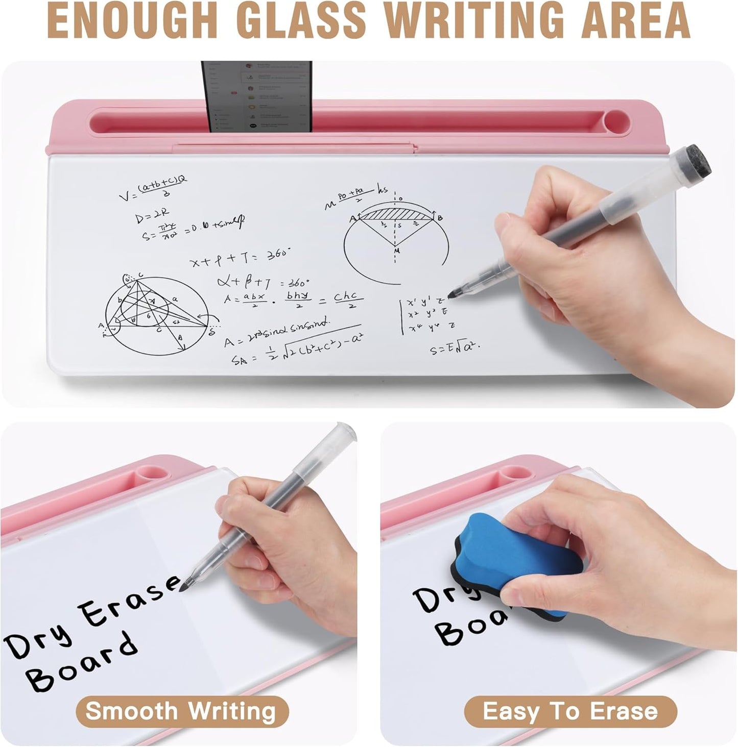 SELEAD Desktop Glass Whiteboard with Organizer & Built-in Mirror - Small Dry Erase White Board Computer Pad Keyboard Stand with Markers, Eraser, Holder for Women Girls - Pink