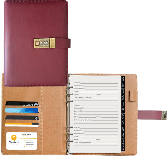 A5 Password Book with Combination Lock & Alphabetical Tabs, 302 Pages Leatherette Hardcover Internet Address & Password Organizer Logbook, Large Print, Refillable, 576 Entries, for Seniors