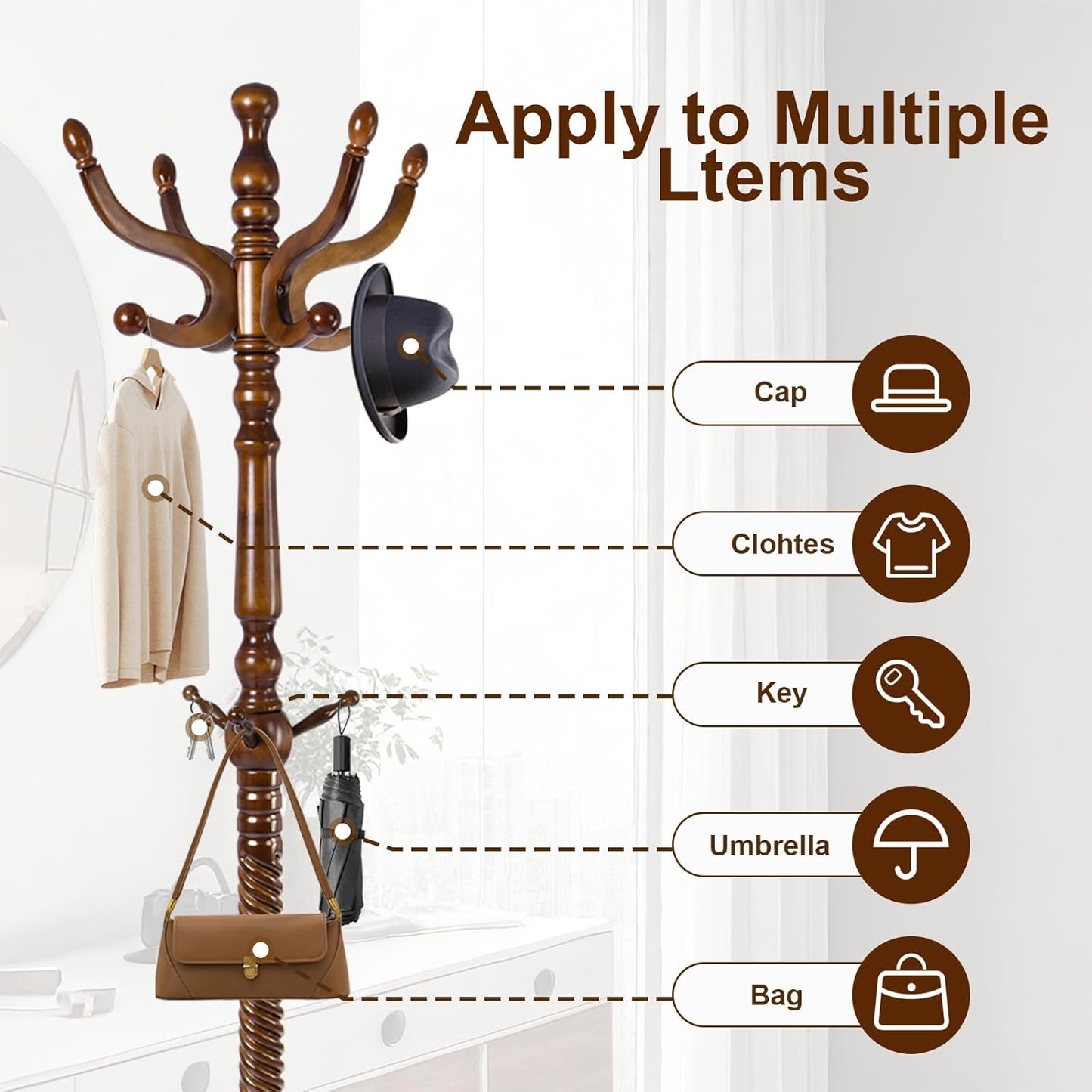 Solid Wood Coat Rack – 74.8" Freestanding Coat Racks Stand with 11 Hooks & Stable Base, Adjustable Height Modern Wooden Hall Tree for Entryway, Bedroom, Office, Home (Walnut Triangle)