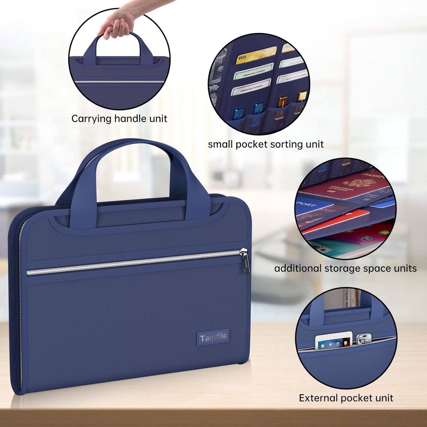 Tamfile Fireproof Accordion File Organizer with Handle, 13 Pocket Expanding File Folder with Zipper & Labels, File Folder with Multi-Pockets Paper Organizer Folder for Letter A4 Files, Blue