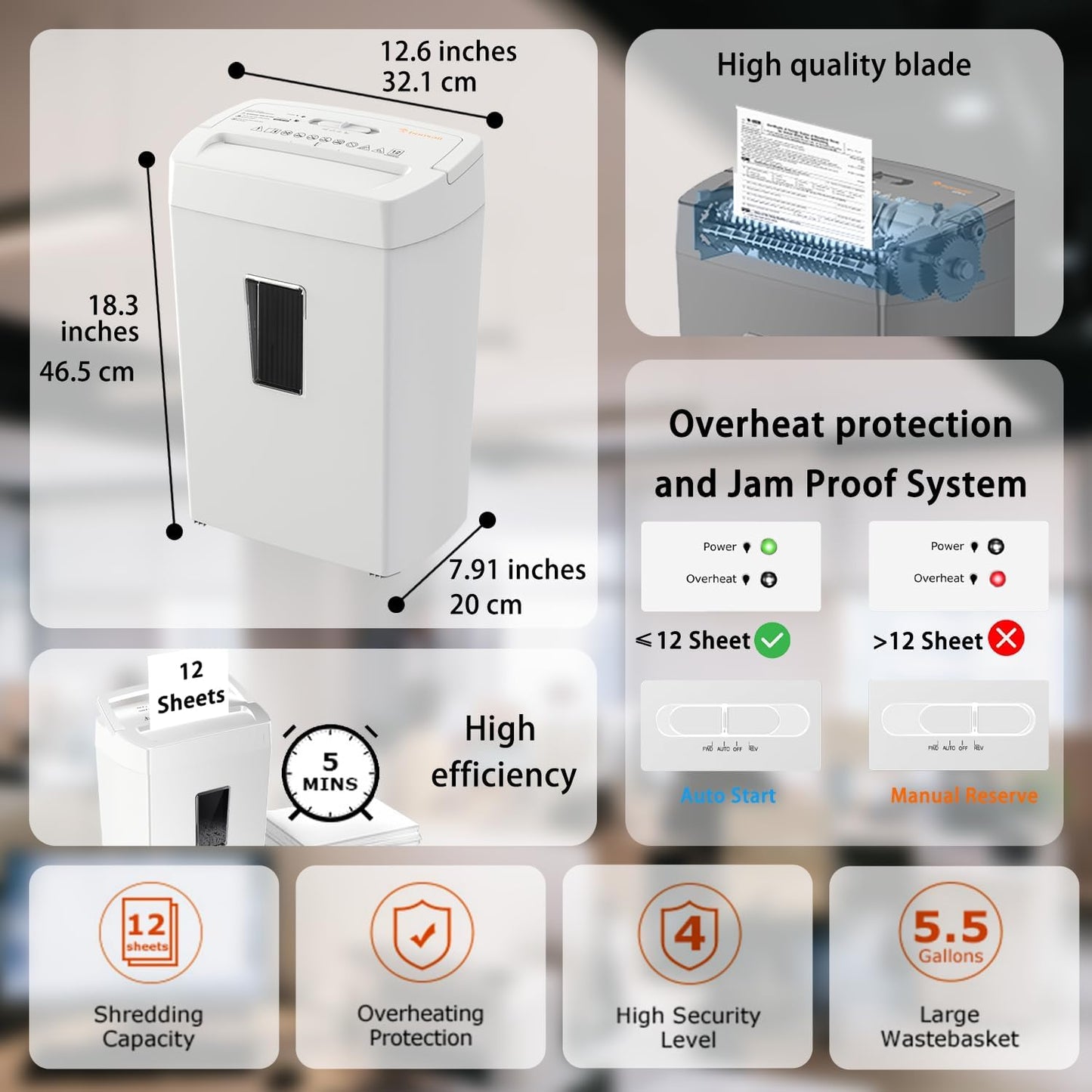 Bonsaii Heavy-Duty Cross-Cut Shredder, Handles up to 12 Sheets at Once, Providing P-4 high Security, Credit Cards, Mail & taples, 5.5-Gallon bin with a Transparent Window, Use in Home Offices, White