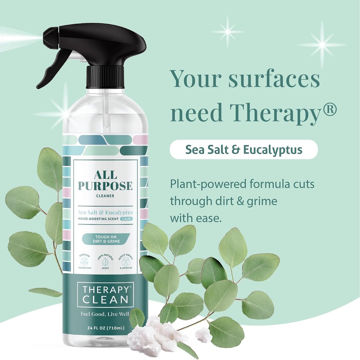 Therapy Clean All Purpose Cleaner Sea Salt & Eucalyptus (Pack of 6) - 100% Natural Fragrance, Plant-Based Multipurpose Cleaner