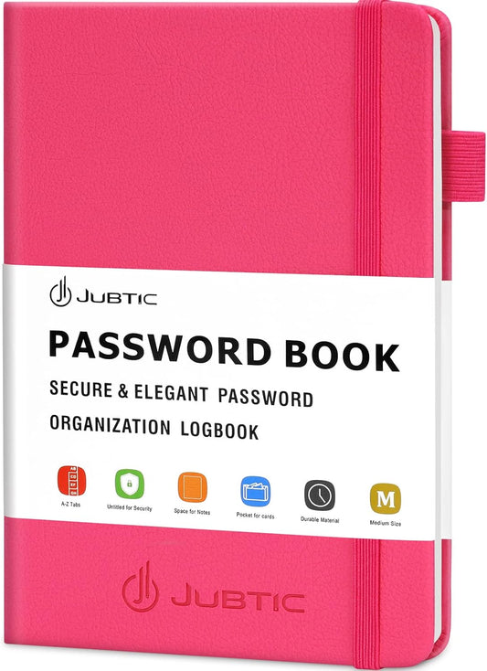 JUBTIC Password Book with Alphabetical Tabs. Medium Size Password Keeper Logbook for Internet Log in, Website Address. Hardcover Password Journal Notebook & Organizer for Home Office, Hot Pink