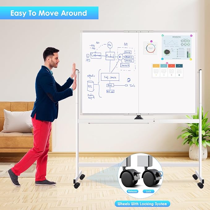 maxtek Rolling Whiteboard, 48x36 Large Magnetic White Board with Stands, Big Double-Sided White Board Dry Erase on Wheels for Homeschool, Home Office, Office, School (Silver, 48 x 36)
