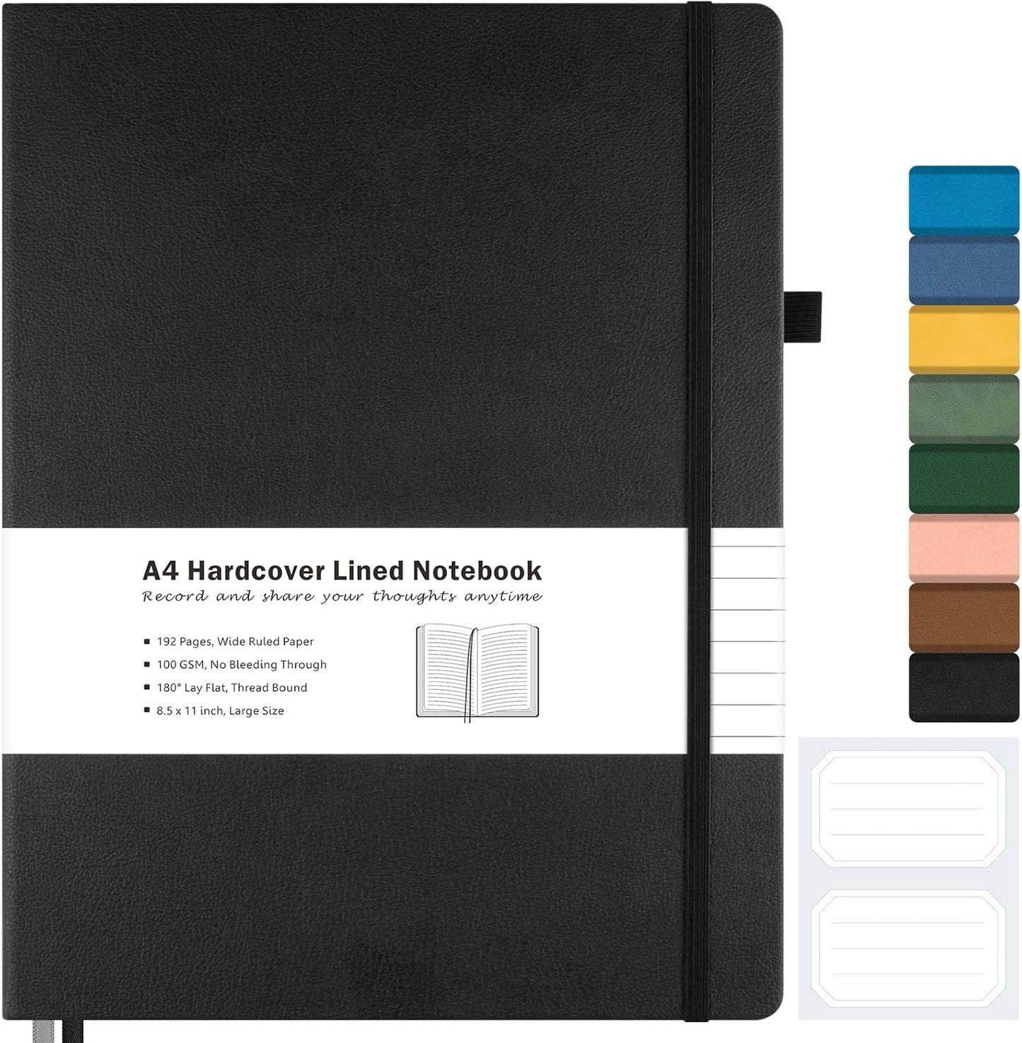 Lined Journal Notebook, 8.5" x 11" Hardcover Leather Notebook for Work, Wide Ruled Notebook Journal for Women Men, 192 Thick Paper, Lay Flat, 2 Pockets, A4 Large Journals for Writing, Black Notebook