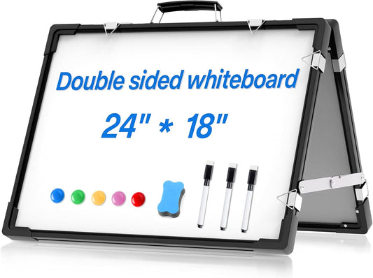 Whiteboard Dry Erase Boards, Portable White Board Double Sided Magnetic Board Stand,Foldable Hanging Wall Desktop Boards Easel for Kids Students Teacher for School Home Kitchen Office 24x18 Inch