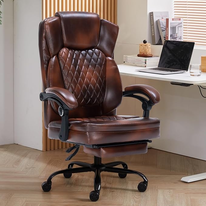 Ergonomic Office Chair with Foot Rest, Executive Chair with Footrest PU Leather Computer Chair, Big and Tall Chair Reclining Desk Chair, Thick Padded Coil Spring Seat, 400 lbs Capacity (Brown)