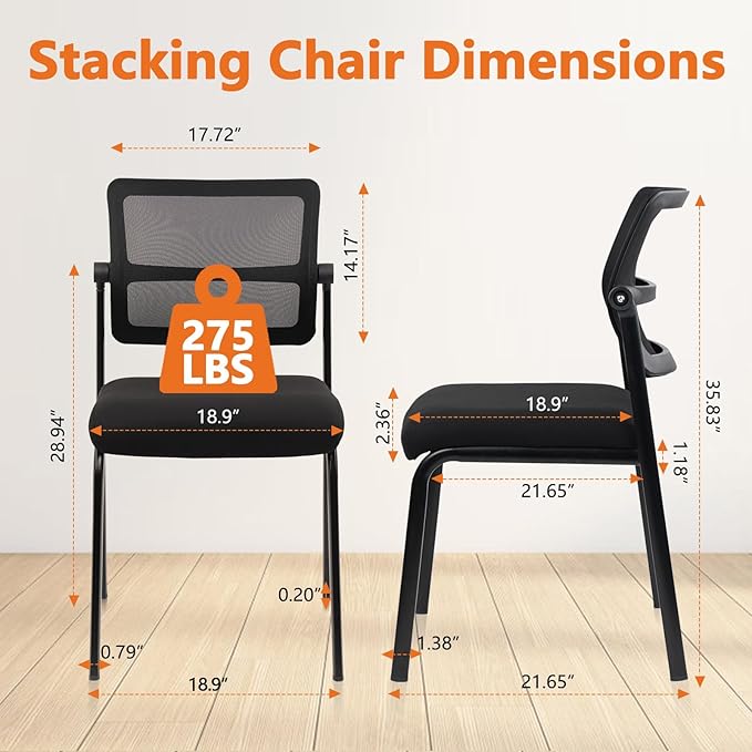 CLATINA Stacking Armless Office Waiting Room Chair with Adjustable Backrest, Stackable Mesh Guest Reception Desk Chairs with Ergonomic Lumbar Support for Conference Lobby Side School, Black, 4 Pack