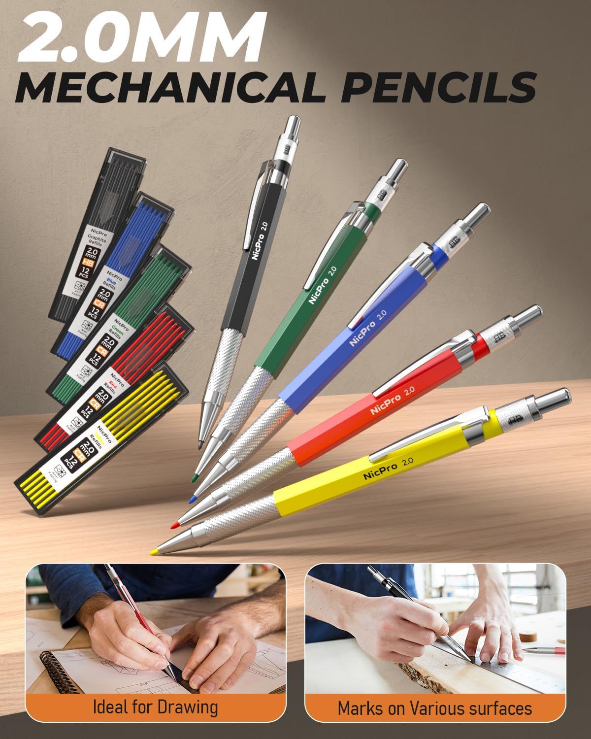 Nicpro 27 Pack Carpenter Pencils for Woodworking, Construction Mechanical Pencil with 100 Refill, Automatic Center Punch and Carbide Scribe Carpenter Tool, Construction Pencil for Carpenters Marking