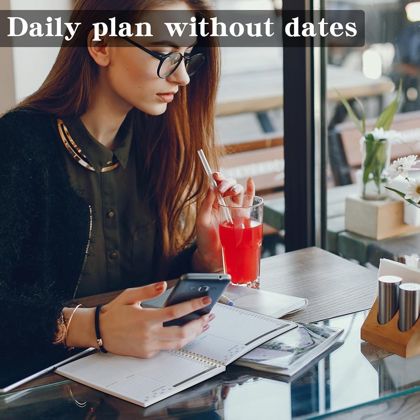 Undated Daily Planner Notebook With Hourly Schedule - Hardcover Appointment Day to do List Notebook for Women & Men - A5(5.7" x 8.3") Spiral Black