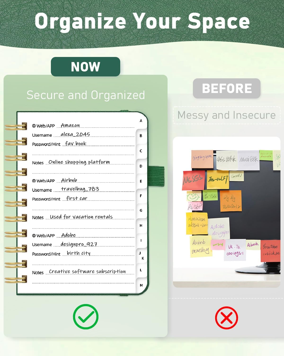 WEMATE Password Book with Alphabetical Tabs, Spiral Password Keeper Book for Seniors, Internet Password Notebook Password Journal Logbook Log in Detail, Small – 4.7''x 6'' (Grass Green)