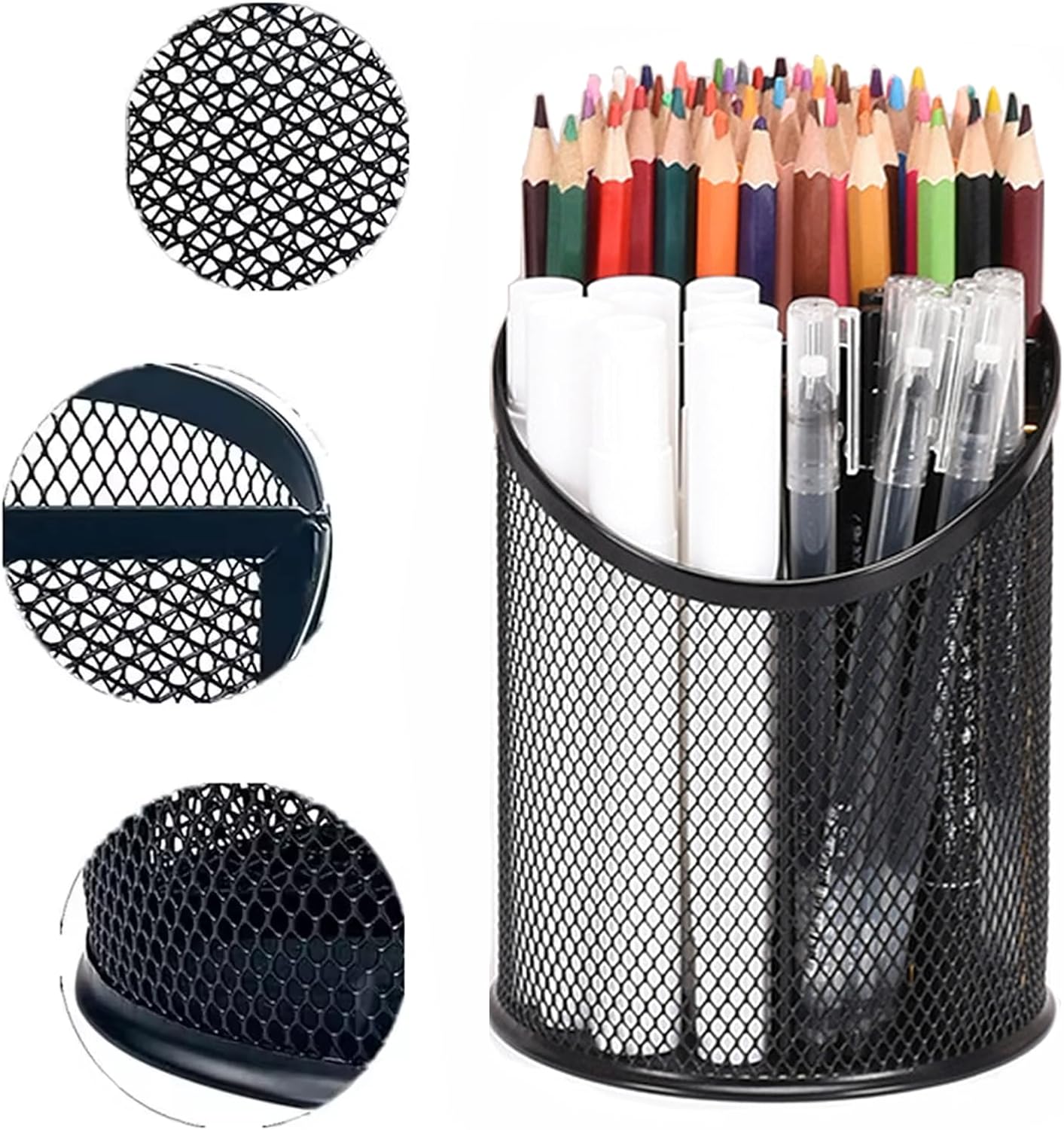 2 Pack Mesh Pencil Holder Pen Cup for Desk Round Black Pen Holder Desktop Pen Organizer 3 Compartments Pencil Organizer Desk Organizer for Office Home School