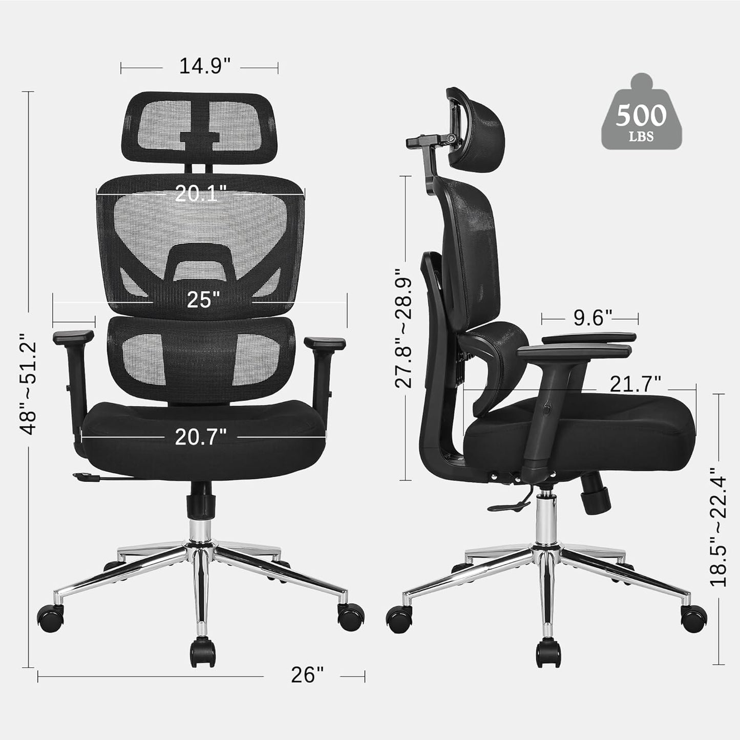 VECELO High Back Ergonomic Office Chair, Big and Tall Mesh Desk Chair with Wheels, Tilt Function, 3D Armrests & Headrest, Lumbar Support, Swivel Rolling Computer Chair for Task, Home Office, Black