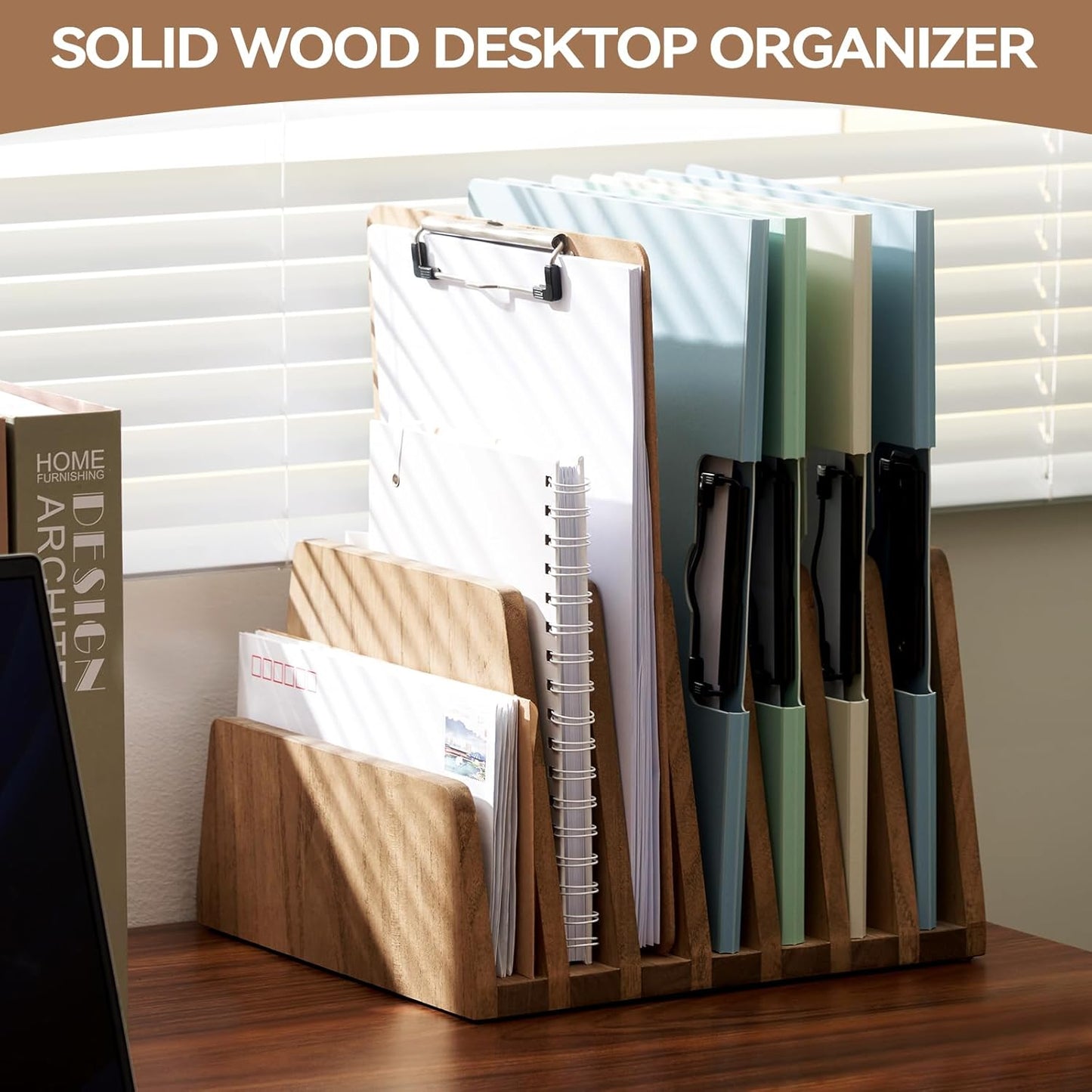 KIRIGEN Wood File Mail Organizer 7 Slots File Paper Holder Desktop Wood Document Letter Holder Organizer for Home Office Brown (7KWJJ-DBR)