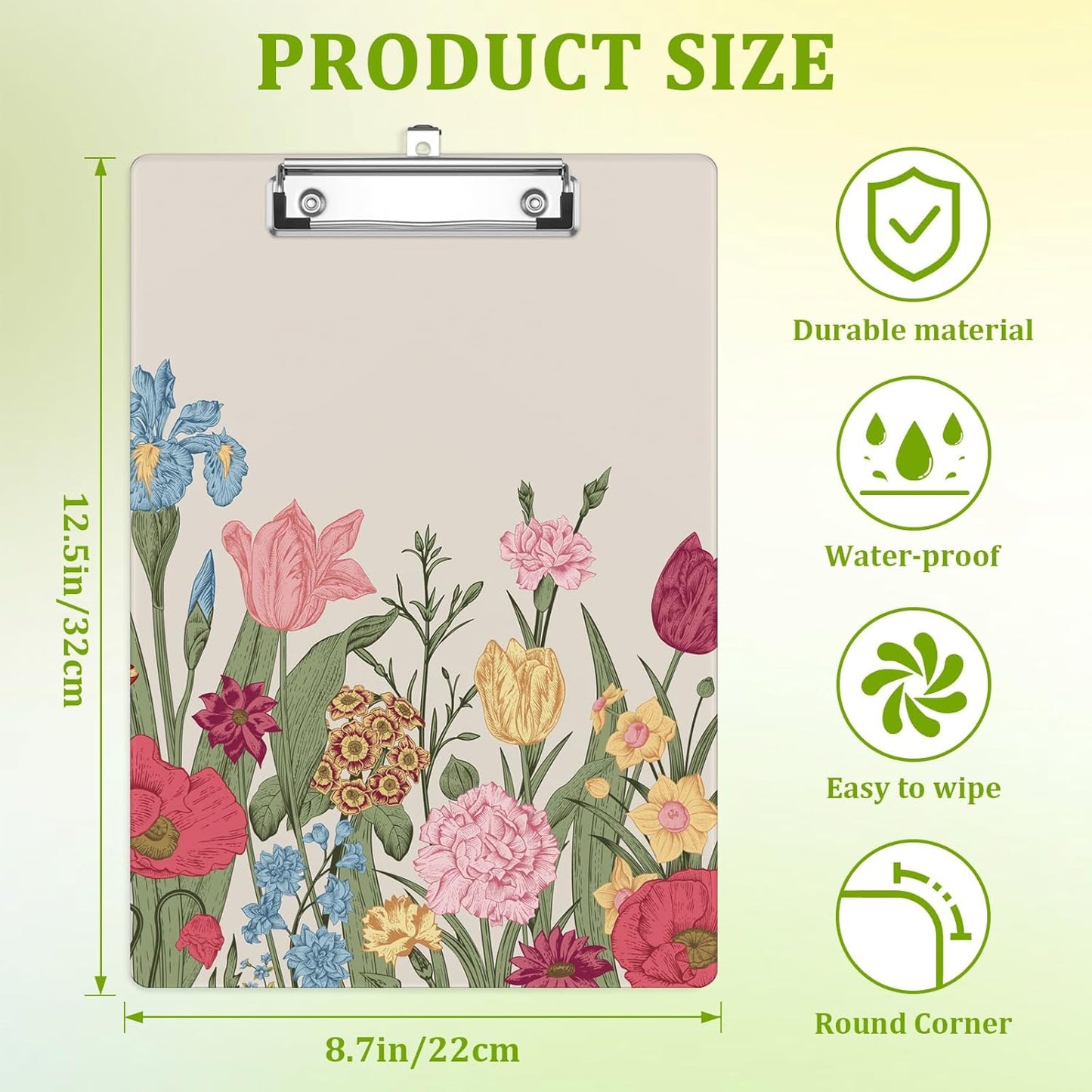 Spring Flowers Clipboard,Decorative Acrylic Clipboard with Low Profile Metal Clip for Office,School,Teachers,Students Standard Letter Size 9x12.5