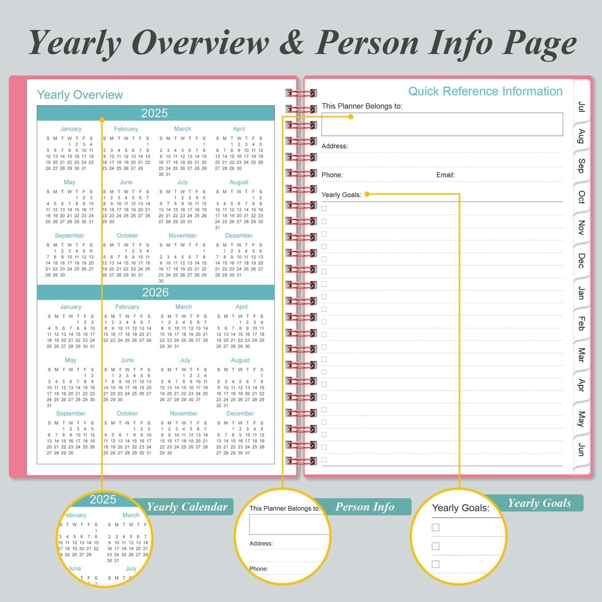 2026 Daily & Monthly Planner - One Page Per Day, Daily Planner 2026 from January 2026 to Deccember 2026, Planner 2026 with 12 Monthly Tabs, 6.4" x 8.5", Pink