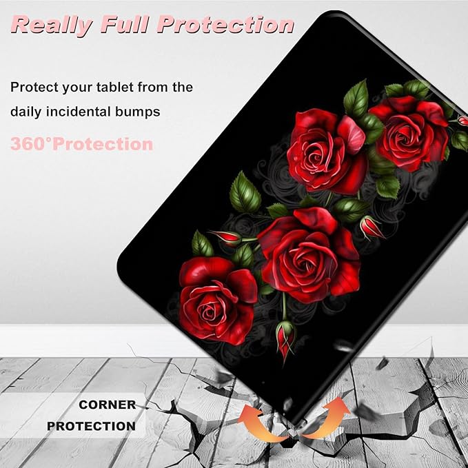 for All-New Kindle Fire 7 Tablet Case (12th Gen, 2022 Release),Slim Lightweight Smart Shell Stand Cover with Auto Wake/Sleep for Amazon Fire 7 Kids Tablet,Red Roses Flowers