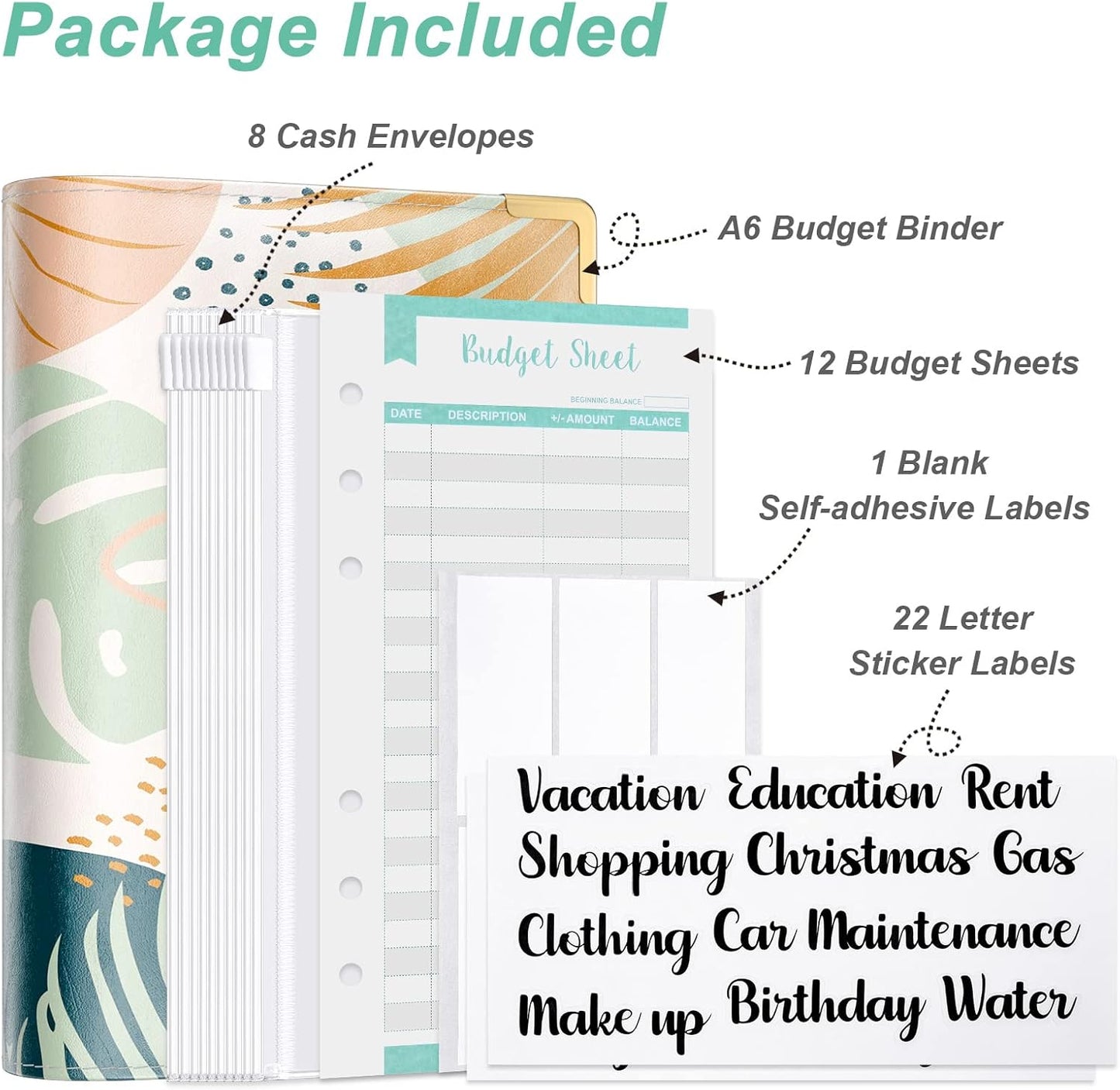 Rnivvi Budget Binder with Zipper Envelopes, A6 Money Saving Binder Cash Envelopes for Budgeting, PU Leather Planner Money Organizer for Cash Bills, Cute Boho System Wallet for Women, Tropical Leaves