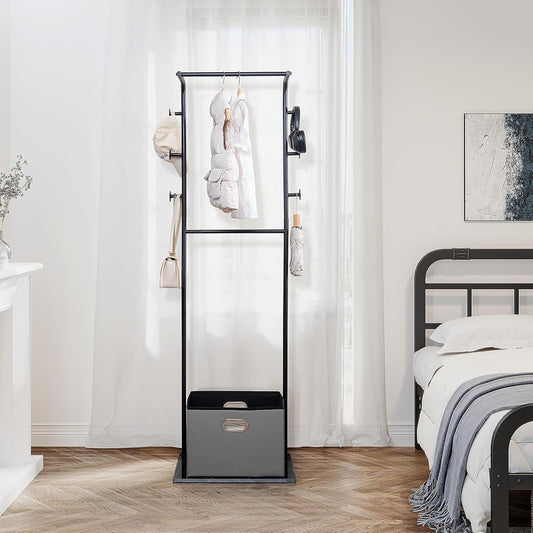 Heavy Duty Coat Rack with Storage Basket Metal Hanging Clothes Rack with Marble Base Modern Standing Clothing Rack for Entryway Bedroom Living Room Hotel 19.69 x 13.39 x 67.72 Inches (Black)