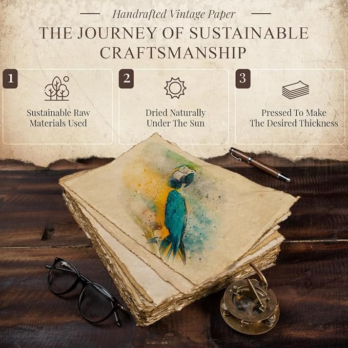 Blank Vintage Handmade Deckled Edge Paper | 75 Sheets of Recycled Cotton Papers, Perfect Sheet for Any Medium, Blank Watercolor Paper Cards, 150 GSM Thick & Acid-Free Antique Paper