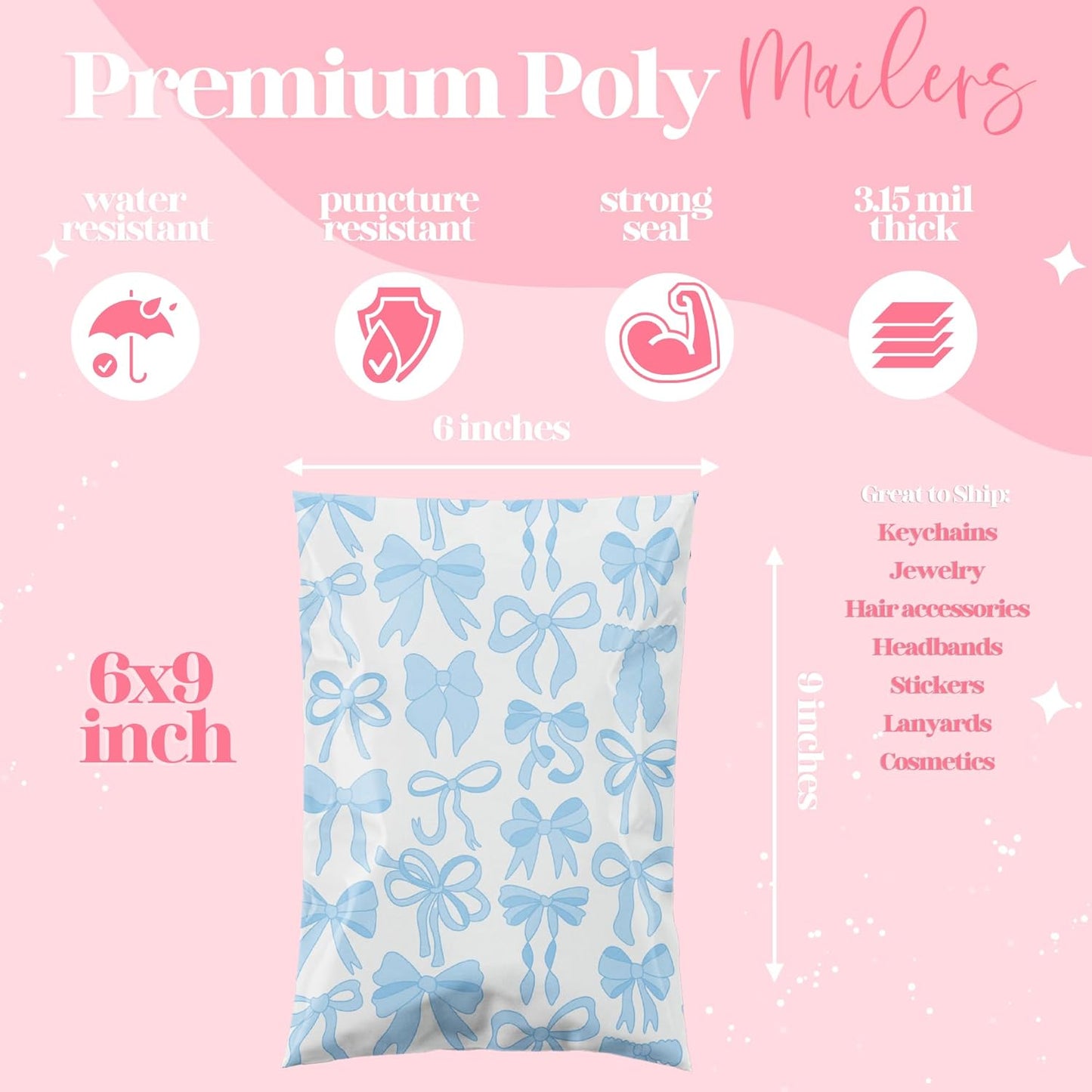 6x9 Designer Poly Mailer 100 Pack Heavy Duty Waterproof Self Seal Shipping Bags for Small Business Large Mailing Envelopes Bulk Tear Resistant Packaging Blue Bows