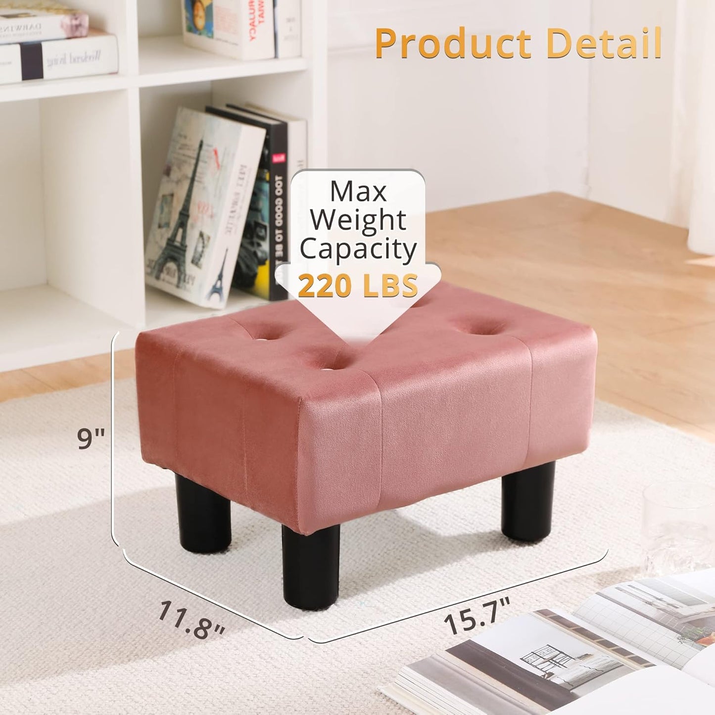 LUE BONA Small Foot Stool Ottoman, Velvet Tufted Footrest with Plastic Legs, 9''H, Rectangle Foot Stools for Adult with Non-Slip Pads, Footstool for Living Room,Couch, Pink