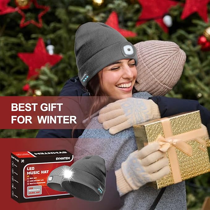 Gifts for Men, Rechargeable Bluetooth Music Unisex Beanie Hat with Light, Stocking Stuffers for Women, Birthday Gifts for Men, for Him, Grey