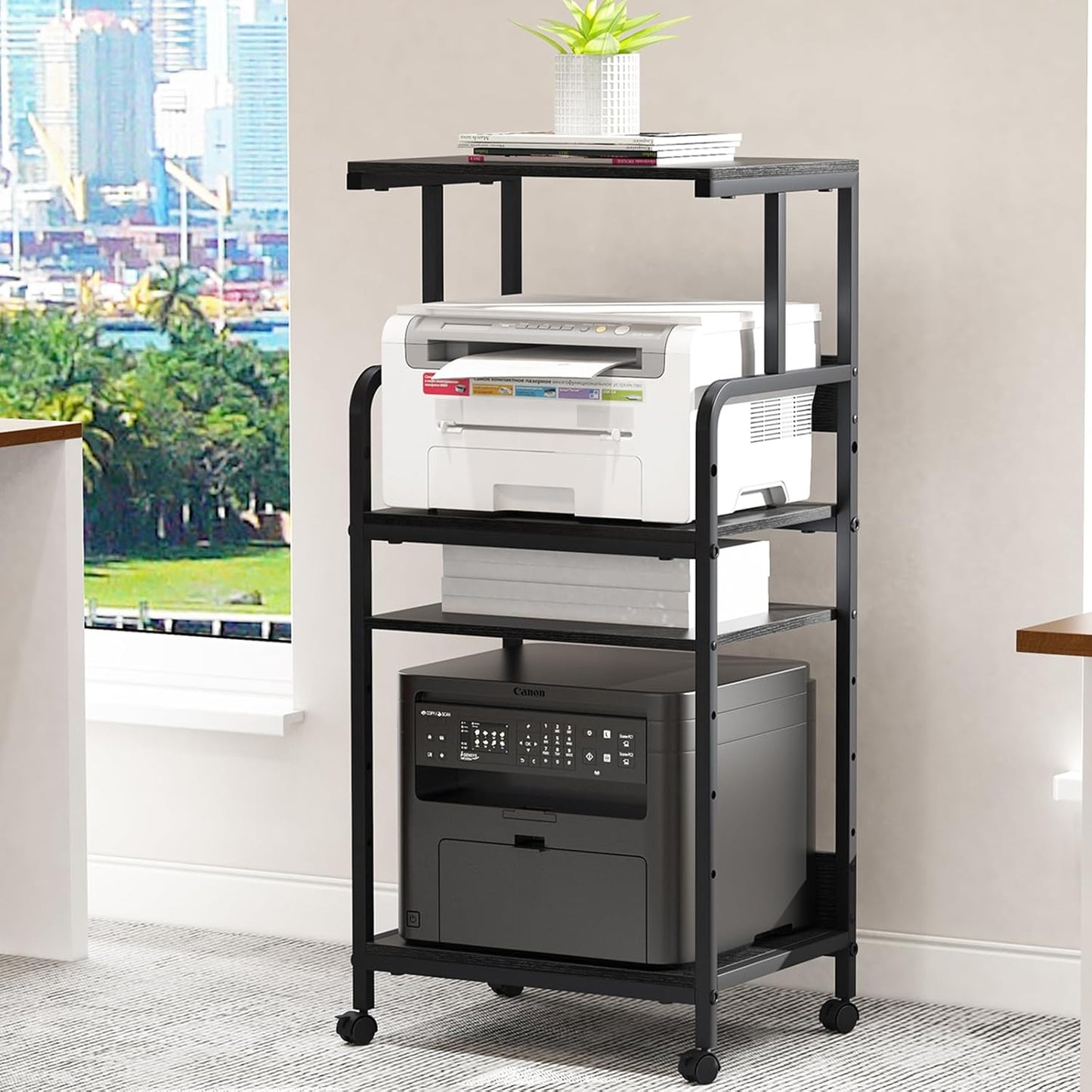 4 Tier Stand with Storage Shelf, Tall Mobile Printer Table for Home Office, Adjustable Stands for Heat Press Scanner Fax (Black)