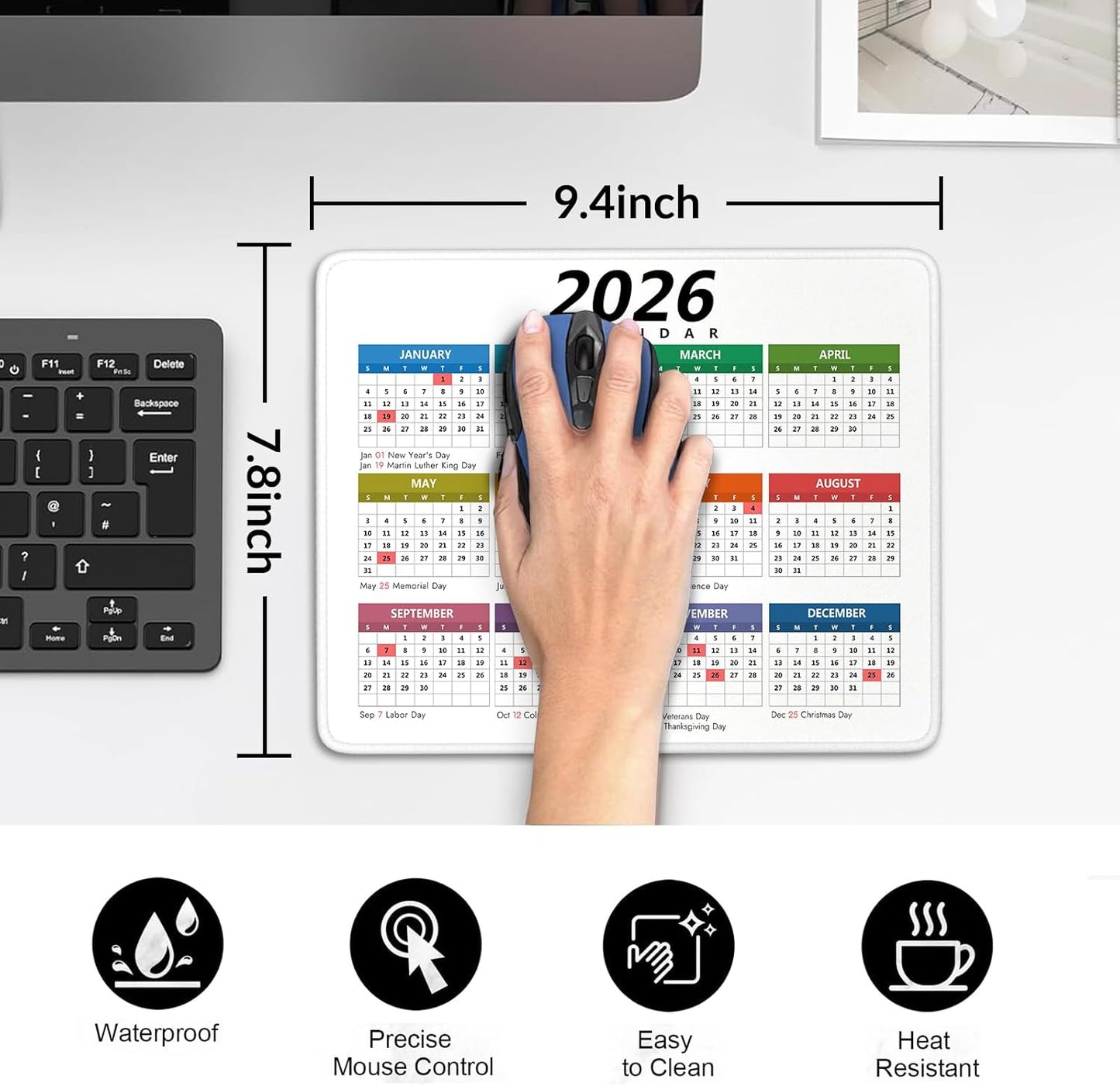 2026 Calendar Mouse Pad with Holidays, Computer Mousepad with Non-Slip Rubber Base, Ccolorful Mouse Pads for Computers Laptop Mouse 9.6 x 7.9 inch