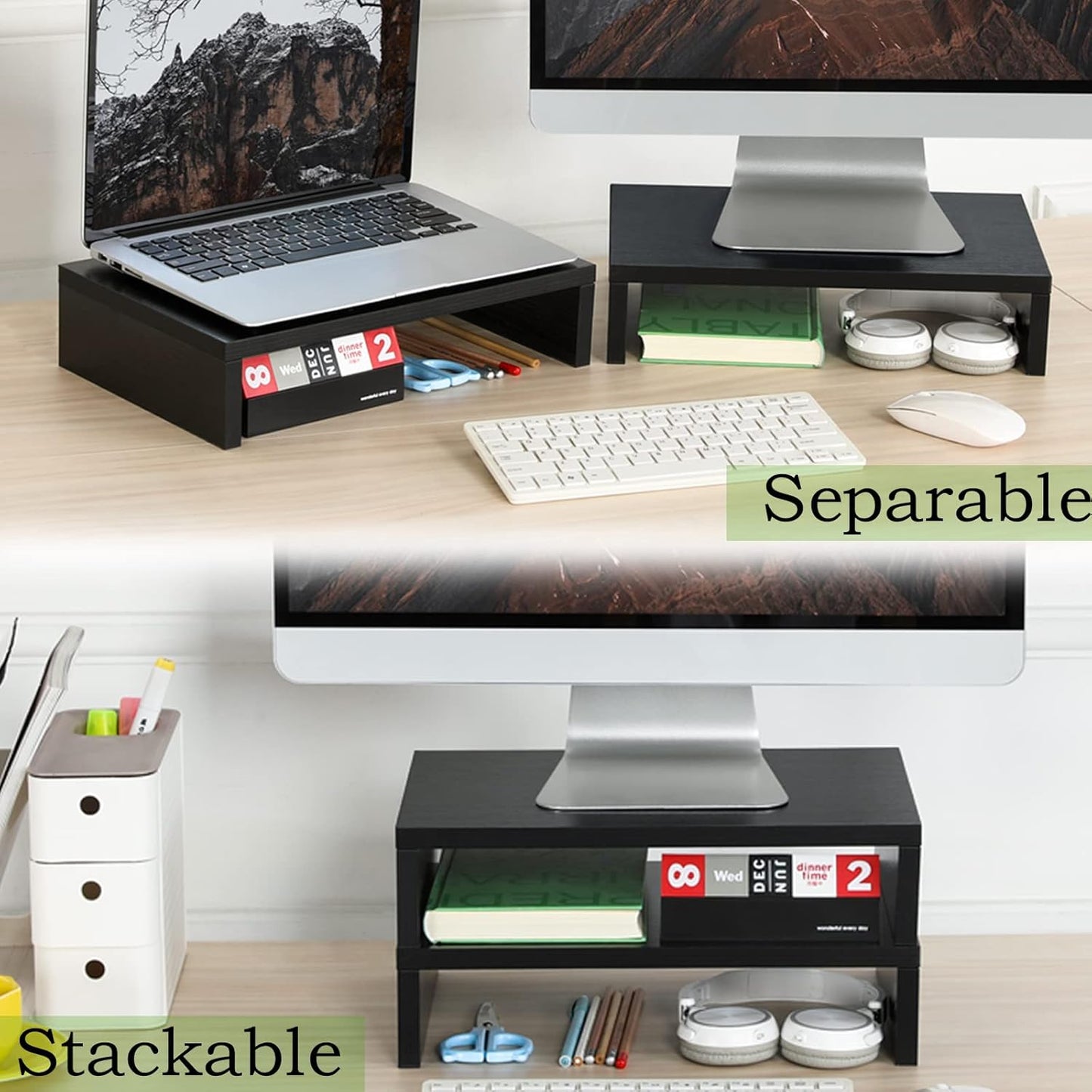 TEAMIX Wood Monitor Stand Riser-2 Pack, 2 Tier Adjustable Monitor Stand Dual Monitor Riser for 2 Monitors/Laptop/PC Black Computer Stand for Desk