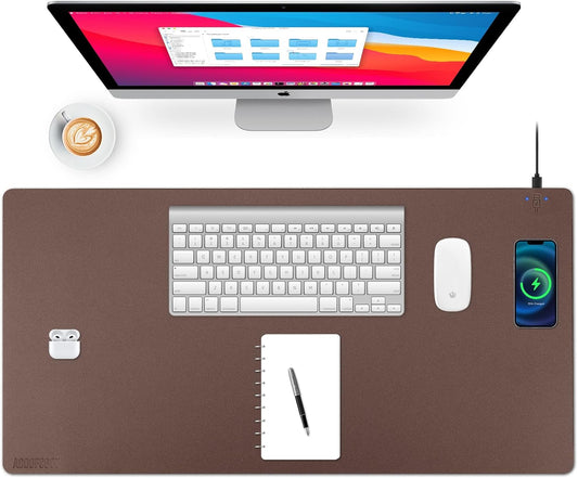 Wireless Charging Desk Mat with Desk Pad for Desktop Charging Large Mouse Pad Waterproof Leather Computer Mat Mouse Pad Non-Slip Protector on Top of Desks for Keyboard and Mouse (brown-r, 36*17inch)