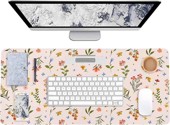 Botanical Floral Desk Pad Blotter,Large Mouse Pad 35 x 17in,PU Leather Desk Mat Writing Pad Protector, Non-Slip Waterprrof,Desktop Decor for Home Office & Gamers Women Girls (Colorful Floral)
