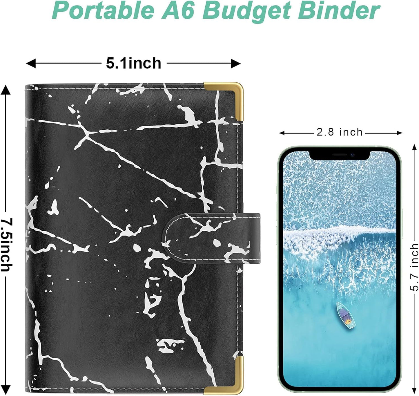 Rnivvi Budget Binder with Zipper Envelopes, A6 Money Saving Binder Cash Envelopes for Budgeting, PU Leather Planner Money Organizer for Cash Bills, Cute Marble System Wallet for Women Men, Black