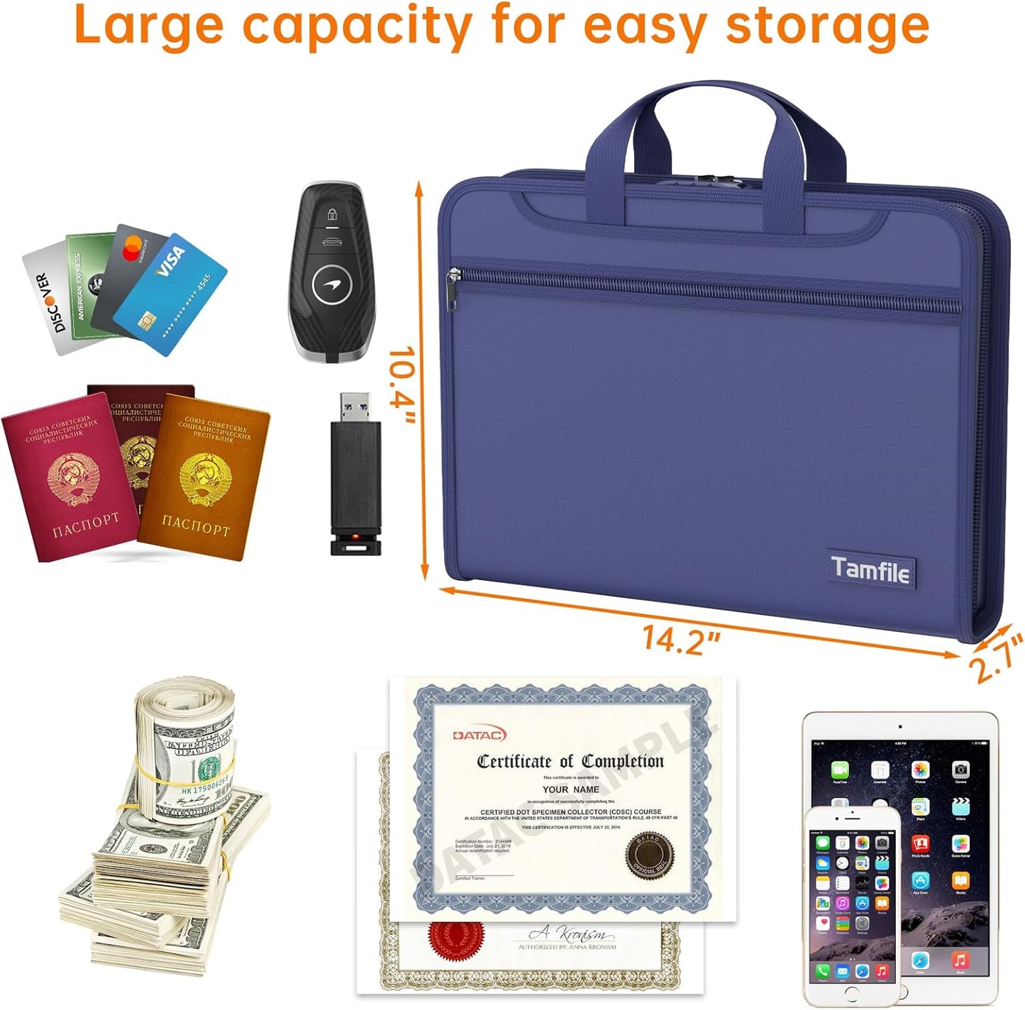 5200℉ Fireproof Accordion File Organizer with Lock, Thickened Document Organizer 13 Pocket with Zipper & Labels, Important Document Organizer, Expanding File Folder with Handle for Letter A4 (Blue)