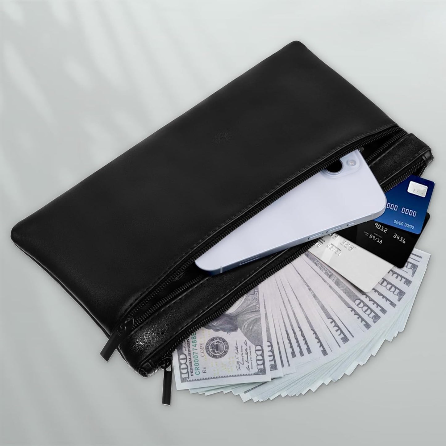 HAUTOCO Money Bag with Zipper 11x6.1 inch Money Pouch with Lined PU Leather Bank Bag Two Pockets Utility Wallet for Cash Check Receipt Coins Cosmetics