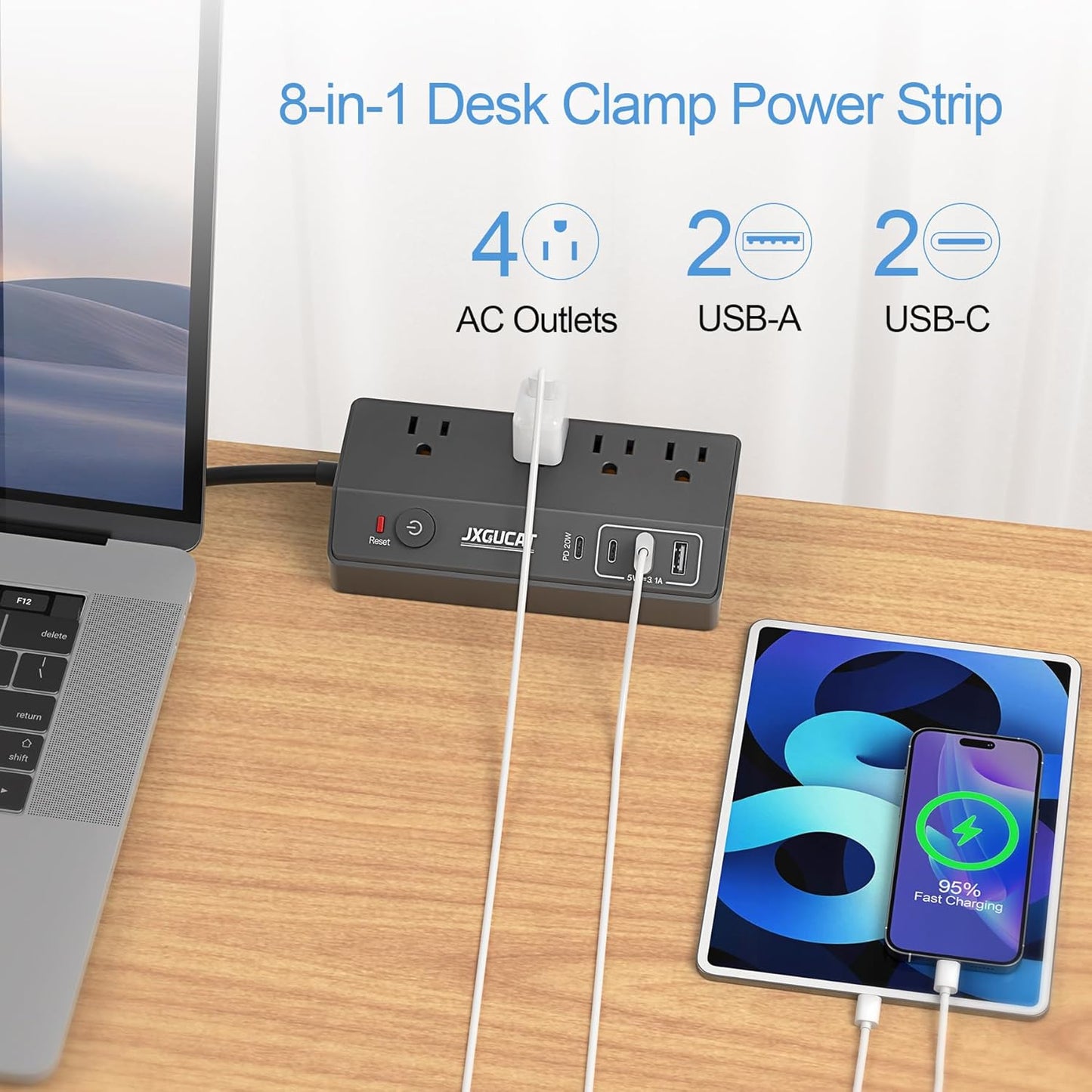 Desk Clamp Power Strip with PD 20W USB C, JXGUCAT Removable Fast Charging Desktop Edge Power Strip Surge Protector, 10 ft Extension Cord Flat Plug with 4 Outlet 4 USB Ports, Fit 1.8" Tabletop Edge